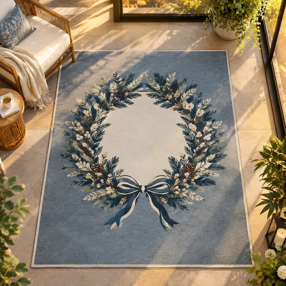 VIKAMA Area Rug Dusty Blue Cedar Wreath Center Machine Washable Laundry Room Staircase Master Bedroom Kitchen Modern Home Decor