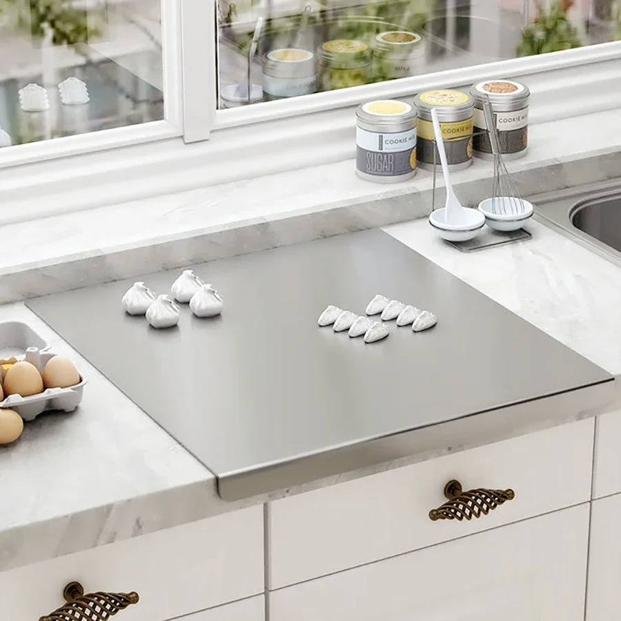 لوح تقطيع قابل للطي على شكل حرف L من الفولاذ المقاوم للصدأ على الوجهين لوح تقطيع المطبخ المنزلي لقطع الفاكهة والعجن