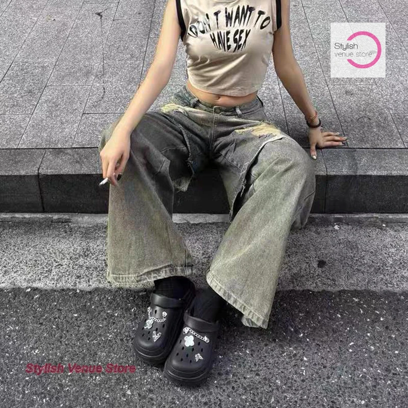 American street heavy industry washed mud dyed holes fake two pieces of jeans women's new summer niche design loose drape pants