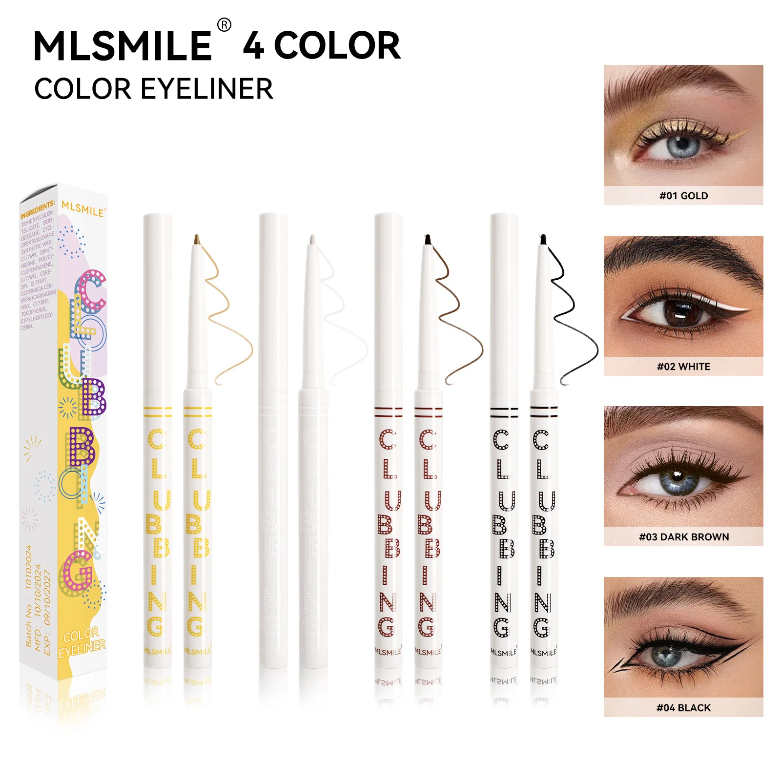 Gel-eyelinerpotloodset 4-kleuren Zwart Bruin Naakt Wit Vlekbestendig Ultraslank Natuurlijke uitstraling Dagelijkse set
