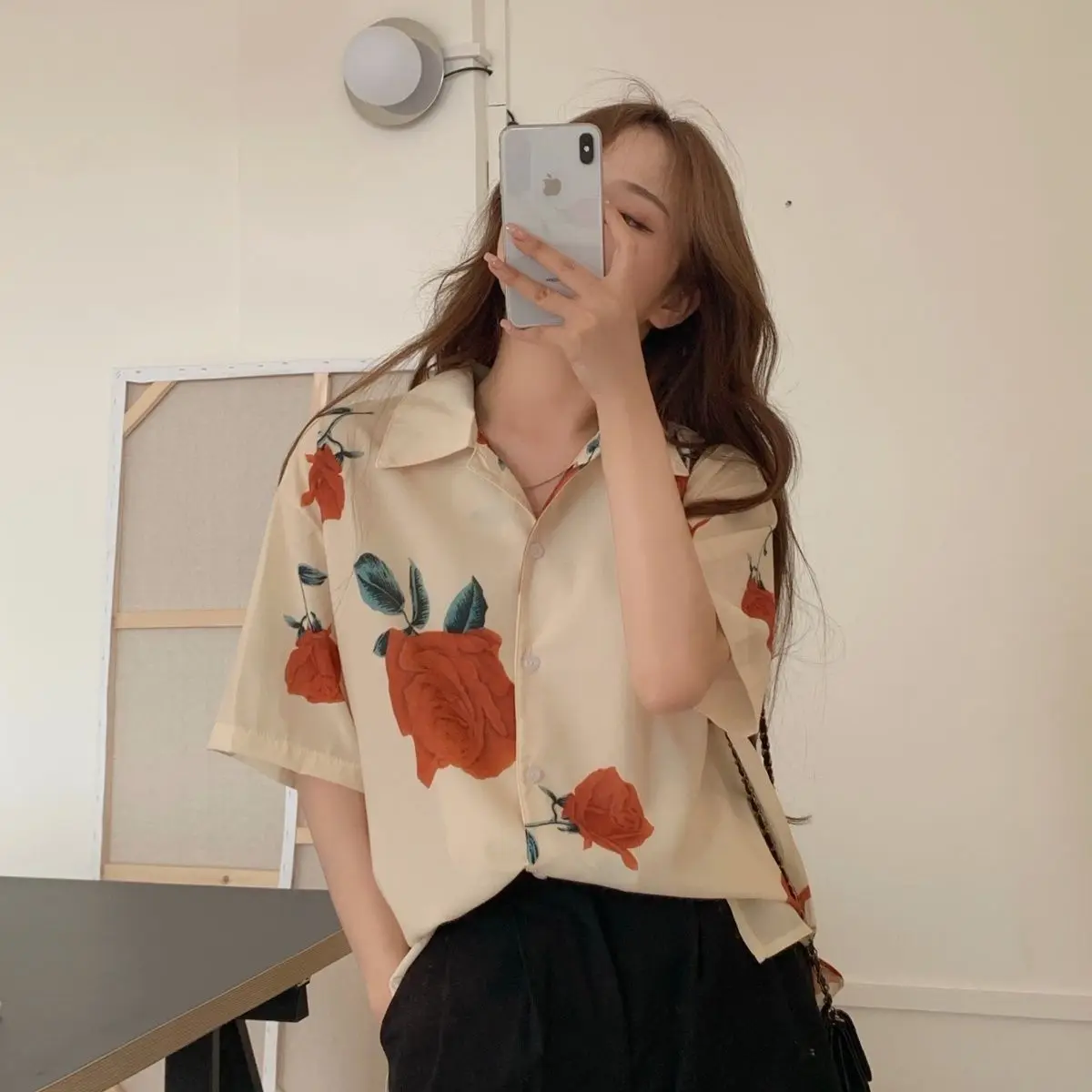 Woman Clothes Hong Kong Retro Fashion Style Rose Pattern Short Sleeved Shirt Retro Collar Loose Printing Trend Top Bright Color