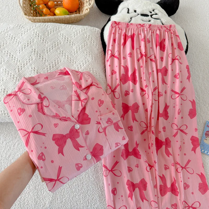Japonais doux rose et tendre grand nœud printemps et automne vêtements de nuit à manches longues Cardigan extérieur pyjamas ensemble décontracté maison vêtements