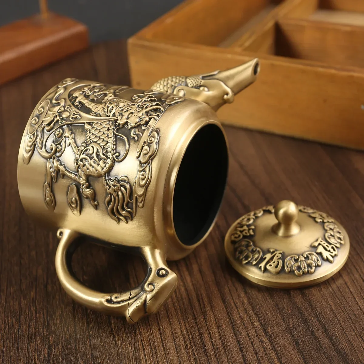 Brass relief unicorn teapot office decoration creative Wufu kettle tea set pure copper handicraft ornament