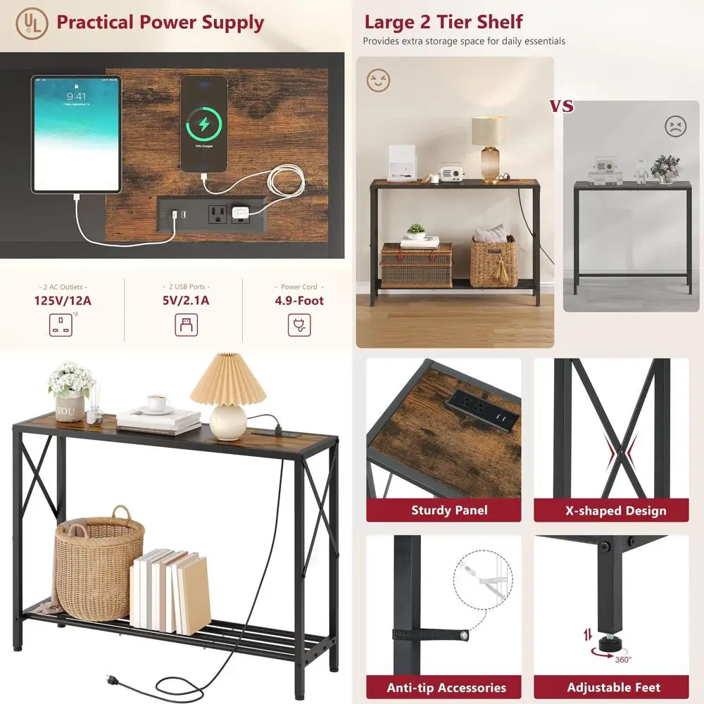 

Narrow 2-Tier Entry Console Table with Charging Station, 41.8 Long, Brown & Black, for Foyer, Living Room, Hallway