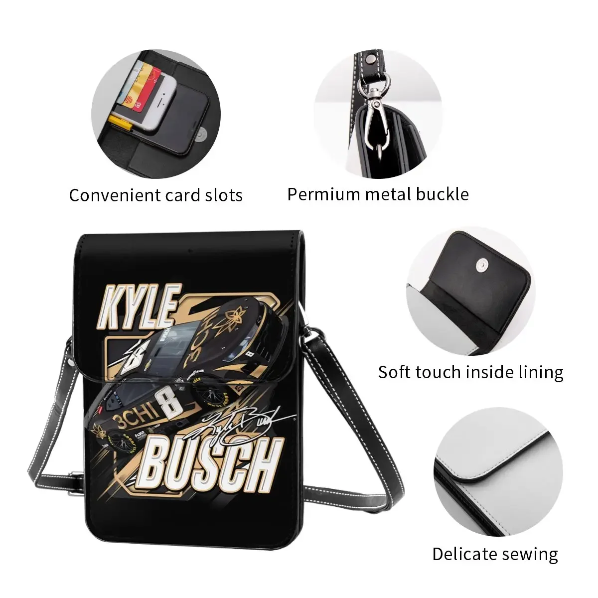 Kyle Busch 8 portefeuille à bandoulière sac pour téléphone portable sac à bandoulière sac à main pour téléphone portable sangle réglable