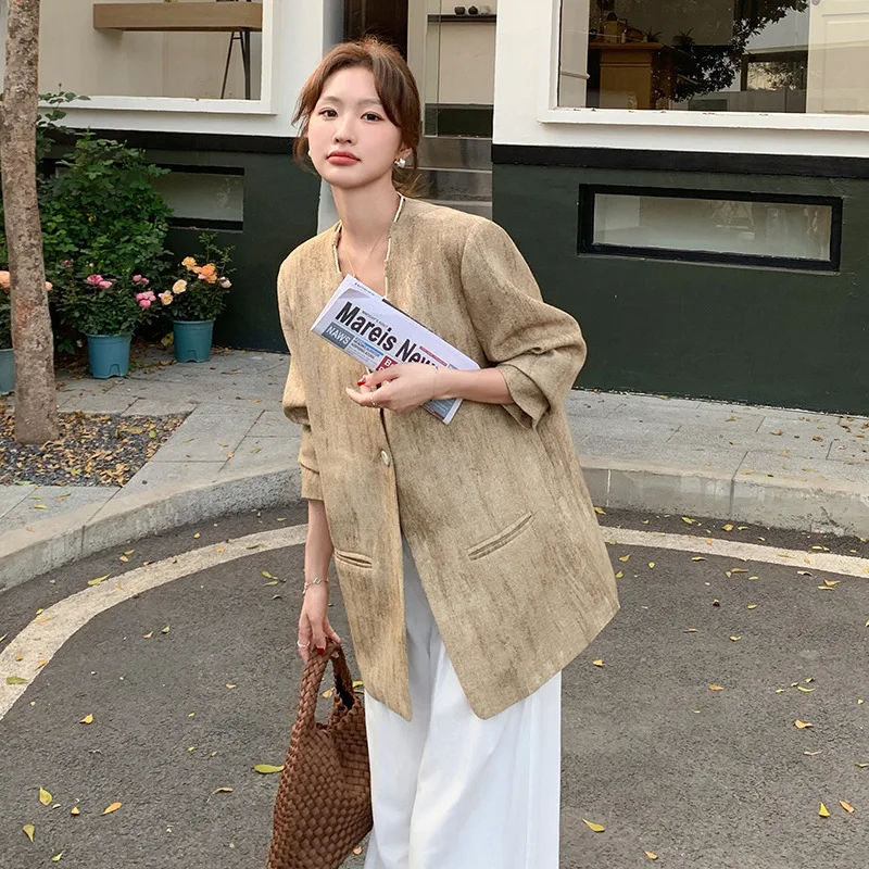 EAEOVNI Vintage V-hals Blazer Jas Vrouwen Kaki Tie Dye Ontwerp Knop Losse Jas Kantoor Dame 2025, Nieuwe Kleding Temperament