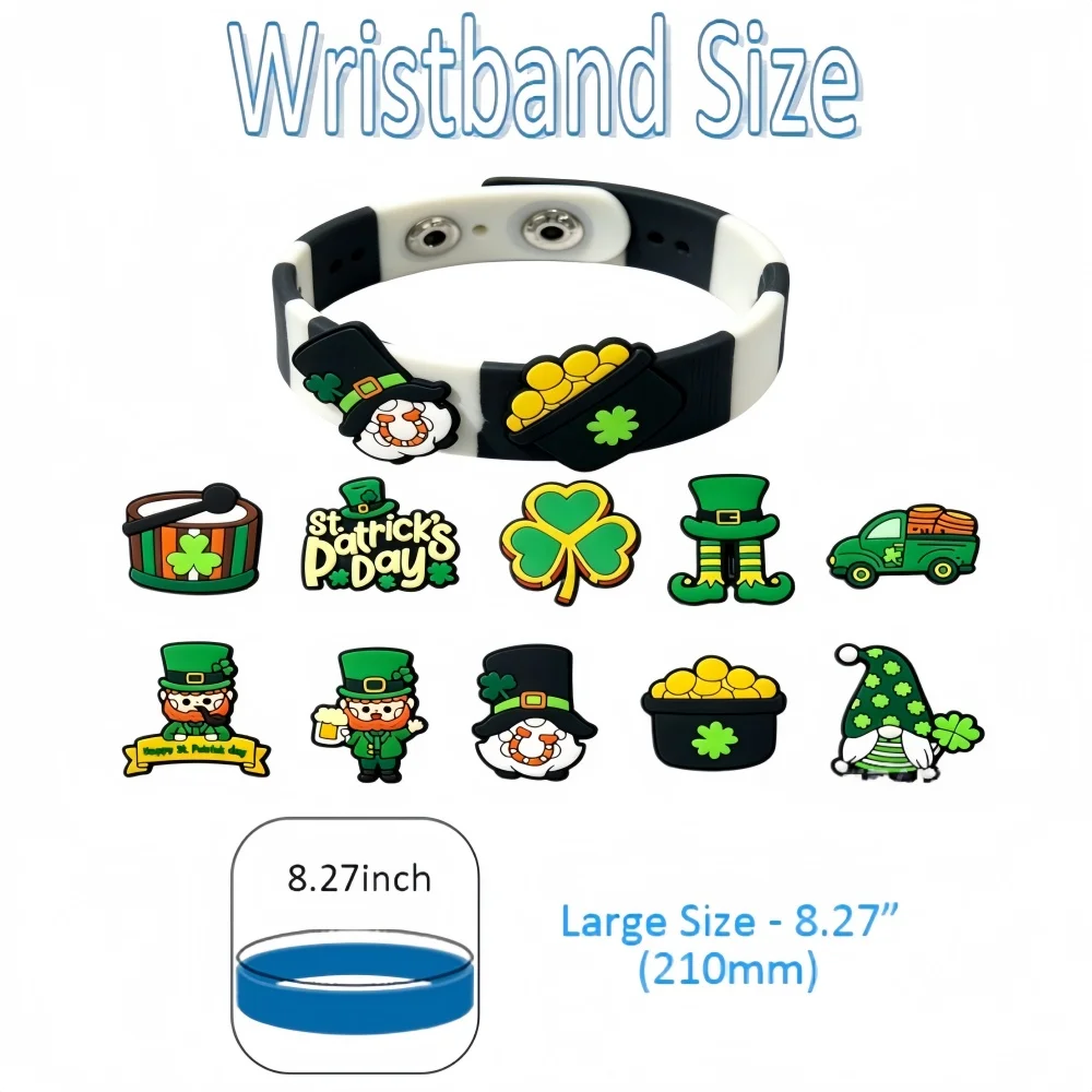 17Pcs ST.Patricks Day Green Lucky Shoe Charms,Kawaii Green Charms and One Wristband For Party Favors Birthday Gifts