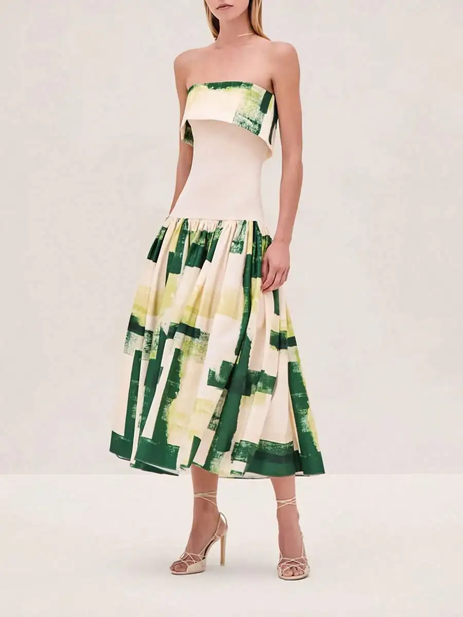 

Cream And Green Abstract Painted Strapless Midi Dress With Fitted Bodice And Tiered Pleated Skirt For Summer Elegance