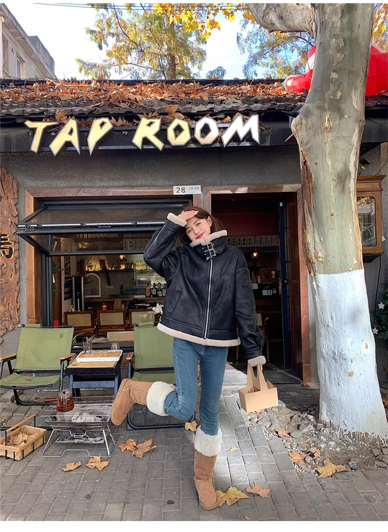 

Fur-coated and knit sheepskin coat for women, suede leather vintage motorcycle jacket, fur short coat with sheepskin trim, winte