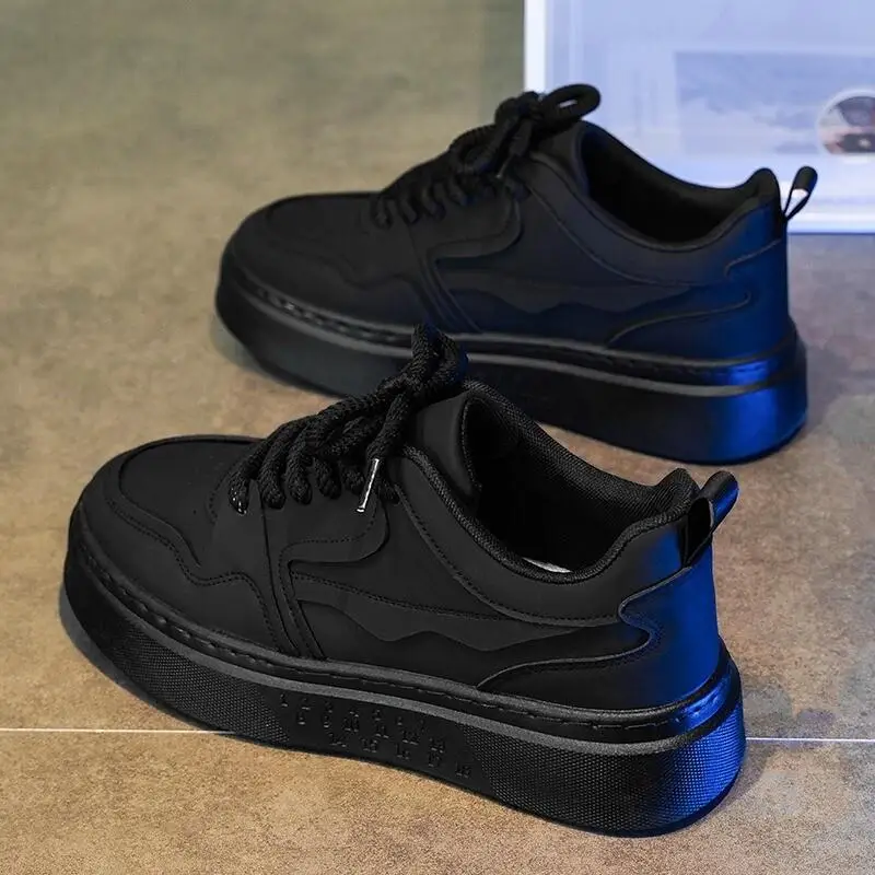 Black Leather Sport Shoes Anti-Slip Waterproof Kitchen Workwear Men's Fashion Trend round Toe Flat Heel Rubber Outsole Shoes