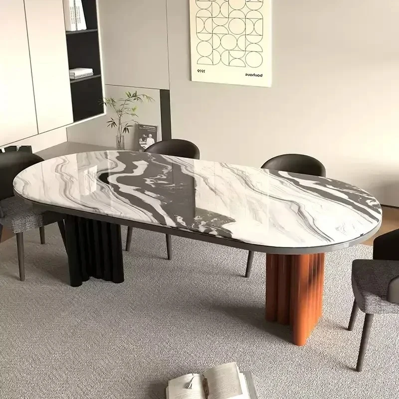 Panda white marble dining table high-end household small apartment semi-round retro table