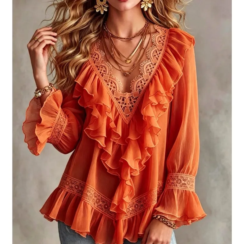 Casual Women Solid Mesh Blouse V Neck Crochet Lace Trim Multi Ruffle Long Flare Sleeve Loose Boho Shirt Summer Holiday Party Top