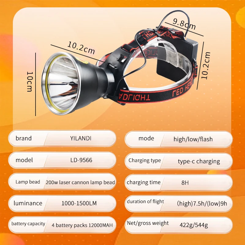 200W high Power LED Strong Light Lithium Battery Induction Laser Headlamp Torch