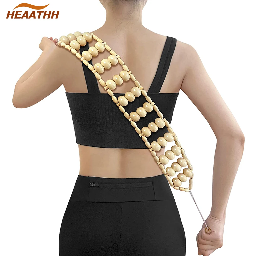 Wood Back Massager Roller Rope, Manual Massage Strap for Back, Neck, Shoulders, Legs, Waist Pain Relief, Wooden Therapy