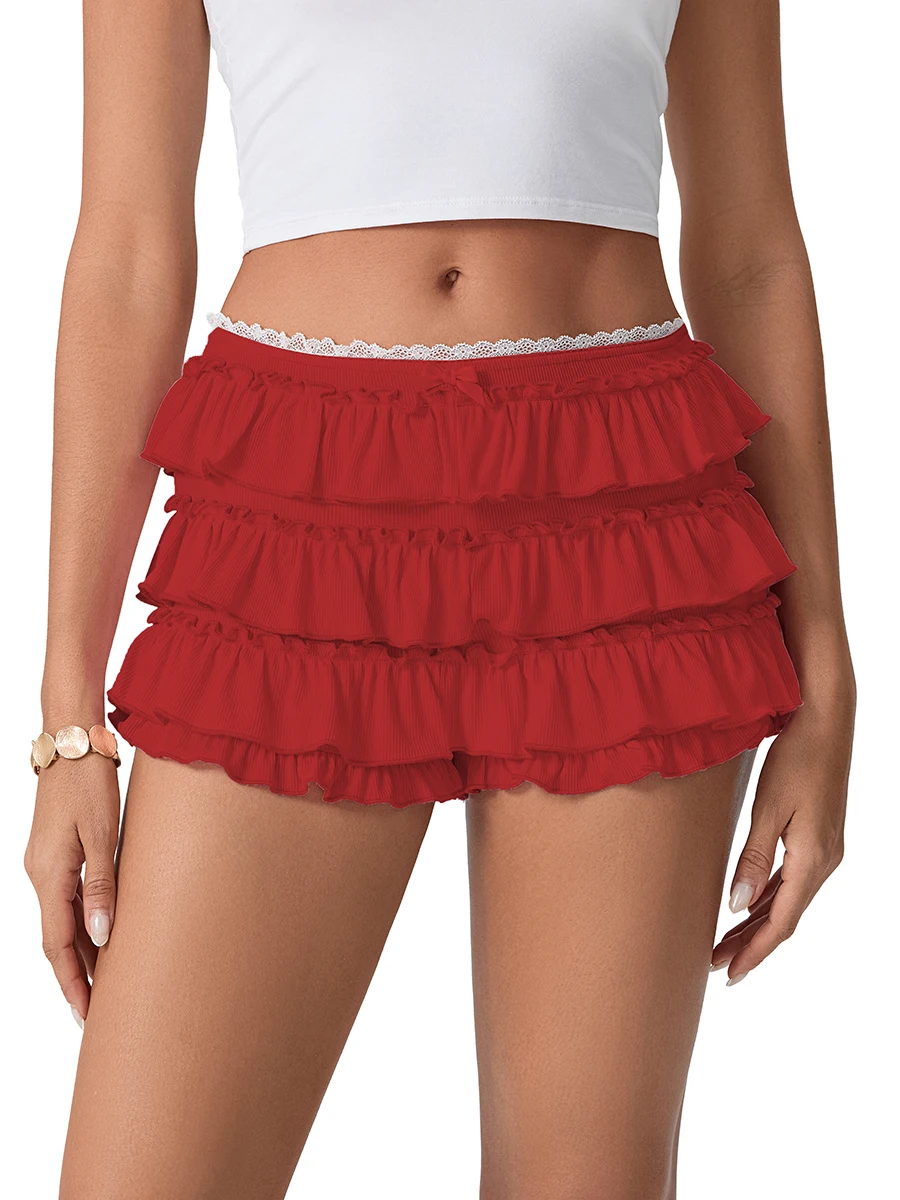 Dames zomer laagbouw shorts elastische tailleband effen kleur gelaagde ruches taart rok shorts Y2k club streetwear