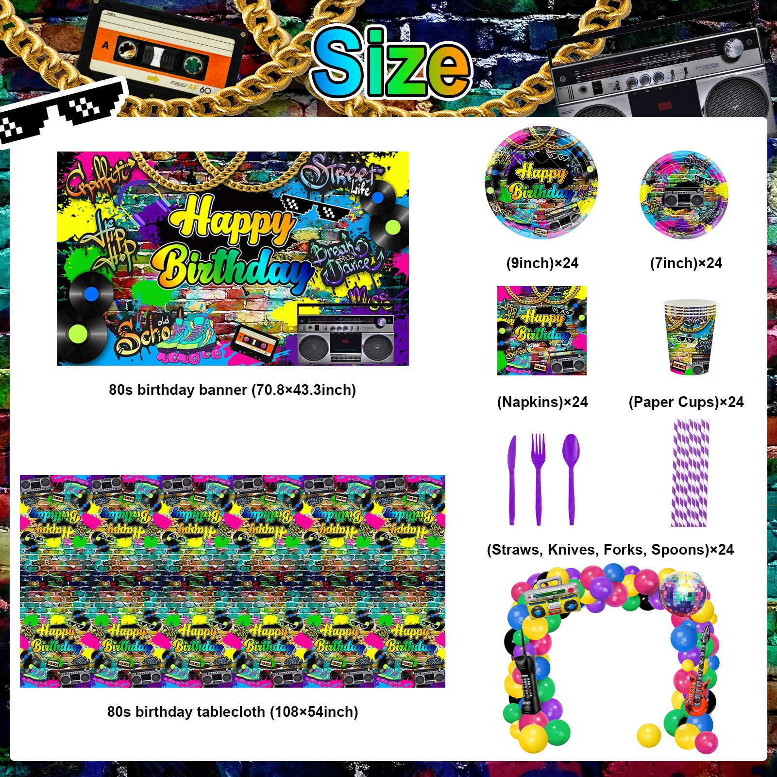 280 PCS 80s Party Photography Background Set Decorations For Birthday Back To Backdrop Balloons Tableware Set 80s Party Supplies