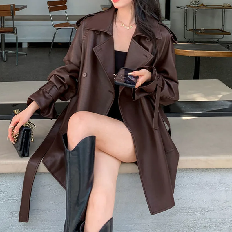 Women Leather Jacket with Belt 2025 New Korean Edition Fashion PU Leather Single Breaste Autumn Leather Windbreaker Brown Coat