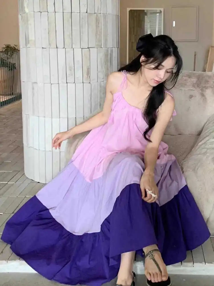Clothland 여성 스위트 스트라이프 캐미 드레스 스파게티 스트랩 민소매 백리스 비치웨어 미디 드레스 Vestido Mujer QD988