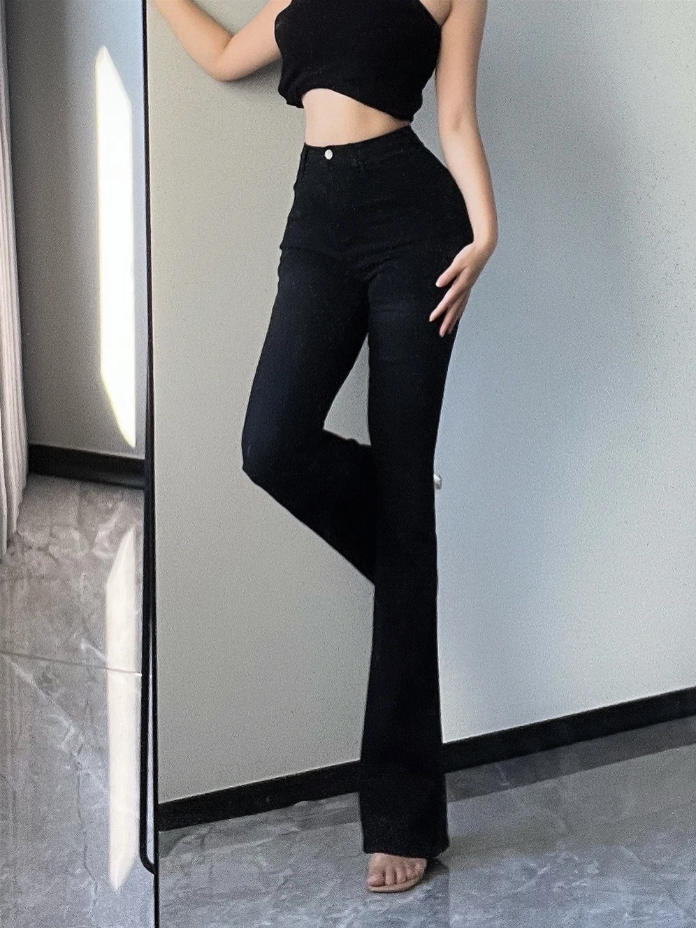 

Retro Niche Design High Waisted Spliced Denim Micro Flared Pants Women Autumn Slim Elastic Sexy Lifting Buttocks Pants RD5H