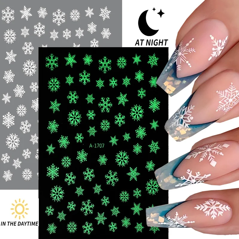 1pc adesivi per unghie natalizi luminosi 3D stili diversi diversi di decalcomanie per unghie con fiocchi di neve che si illuminano al buio decorazioni per manicure