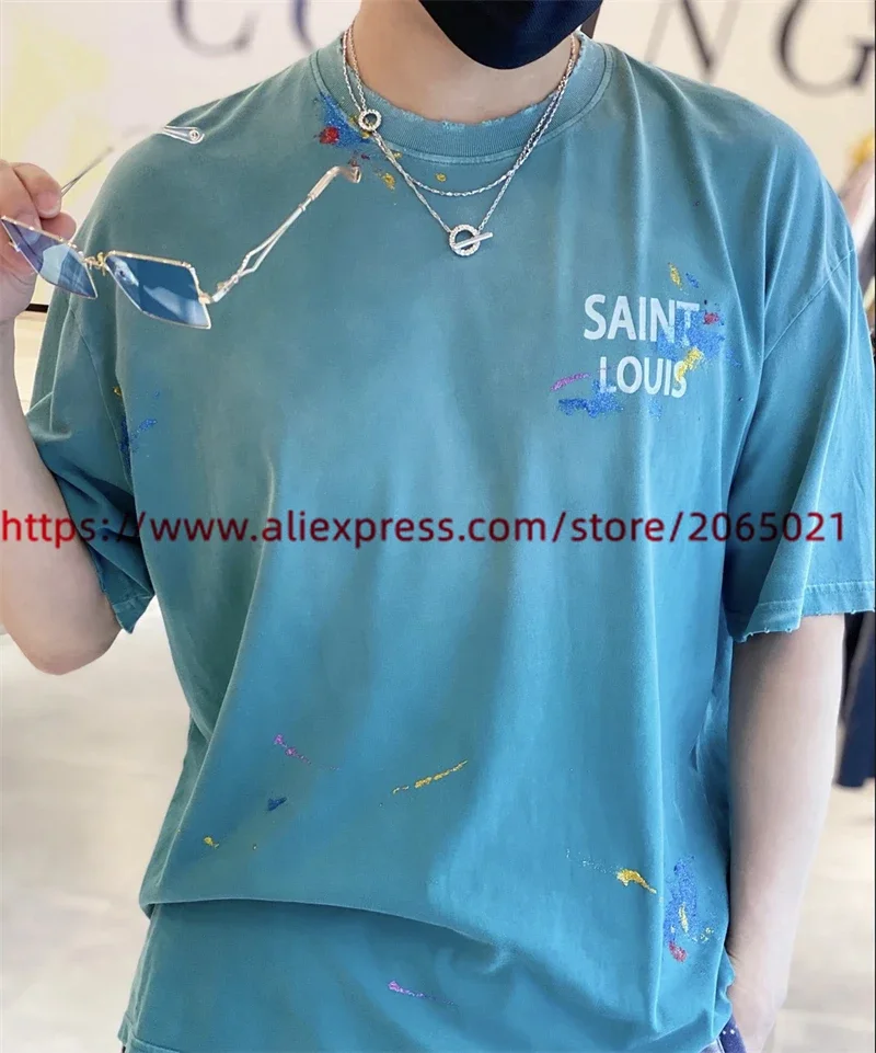 Washed Tie-dyed Saint Louis T-Shirt Men Women Vintage Blue Tee Casual T Shirt