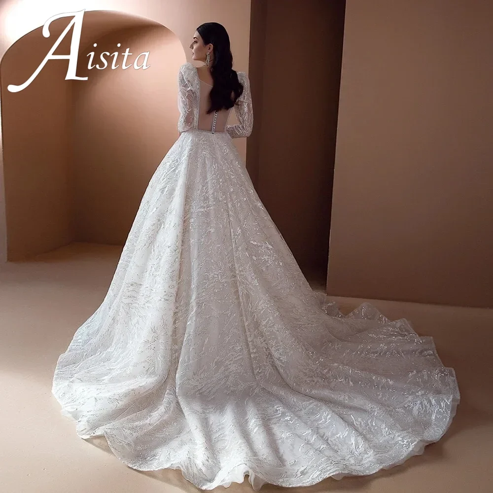 Luxury Square Collar Long Sleeve A-Line Wedding Dresses For Women 2025 Lace Bride Gowns Smooths Your Silhouette Tailored Fit