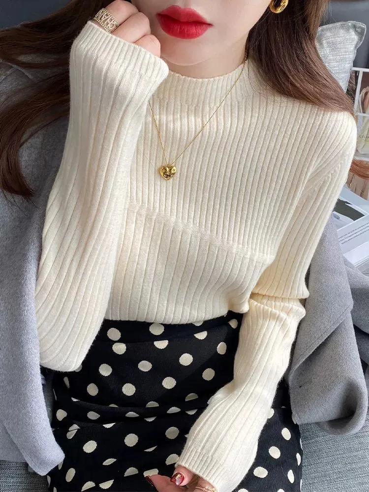 Vintage Basic ถักเกาหลีผู้หญิงฤดูใบไม้ร่วงฤดูหนาวเสื้อกันหนาว Casual Slim เสื้อกันหนาว Simple Chic Pullovers