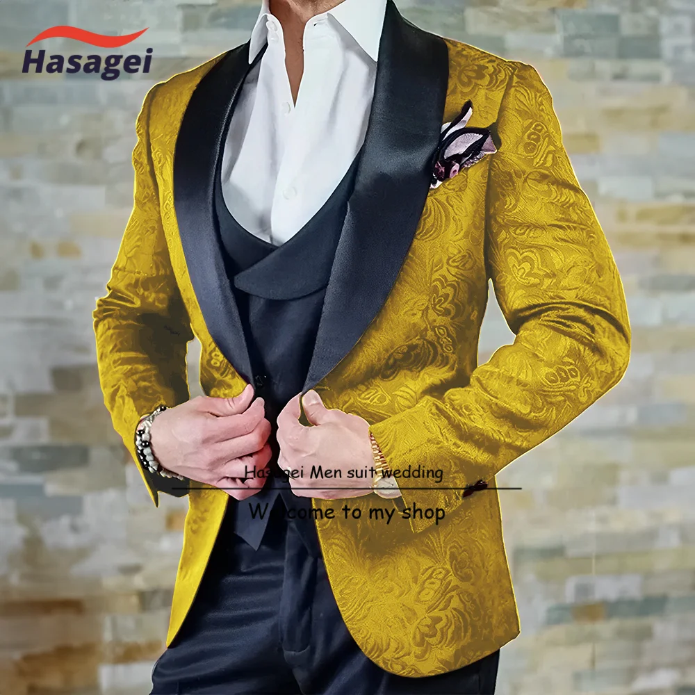 Fashion Floral Men's Suit 3 Pieces Slim Fit Shawl Lapel Jacket Vest Pants Set Prom Party Luxury Men's Tuxedo