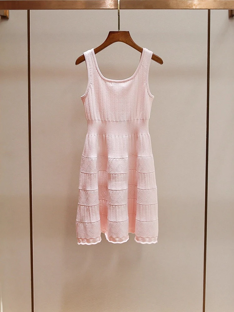 High End Women's Summer Anti-aging Sweet Pink U-neck Diamond Studded Knitted Suspender Dress