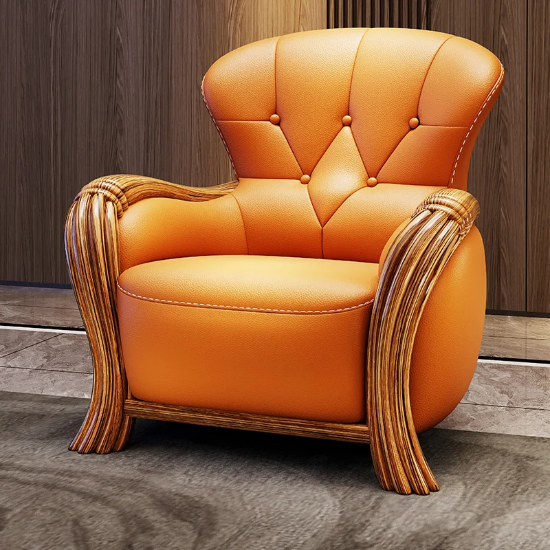 

#European Style Ebony Leather Sofa Single Chair Living Room Modern Solid Wood High Backrest Leisure Chair Bedroom Tiger Sponge