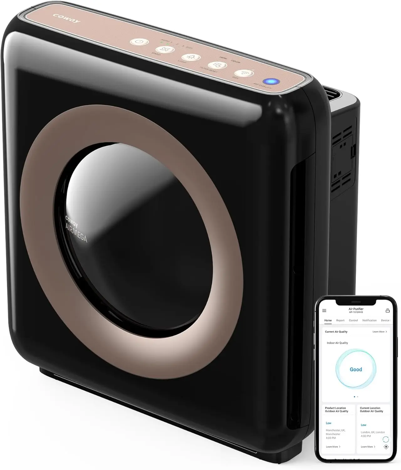 

Coway Airmega AP-1512HHS App-Enabled Smart Technology, Compatible with Amazon Alexa True HEPA Air Purifier, Black/Bronze