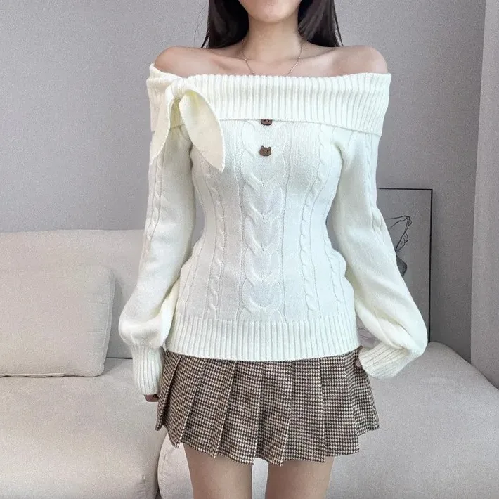 

Стильный корейский вязаный свитер с открытыми плечами, приталенный, универсальный, для женщин, чистый дизайн, для онлайн-продаж, размер S