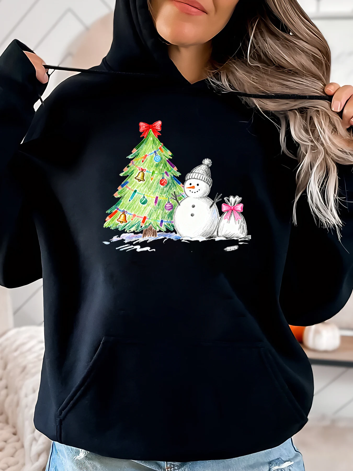

Рождественская толстовка с принтом рождественской елки и снеговика, женская повседневная зимняя одежда, черный, больших размеров