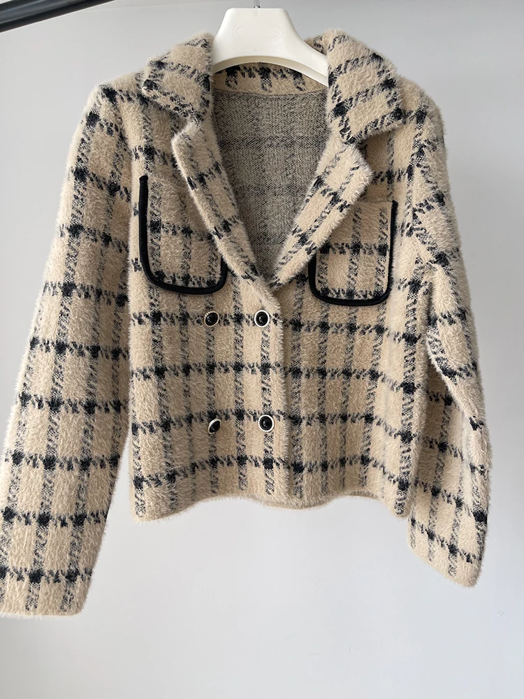 Cropped Plaid Knitted Blazer Vintage Classic Style Short Sweater Jacket Pockets Knitwear Coat Autumn/Winter Woman Clothing