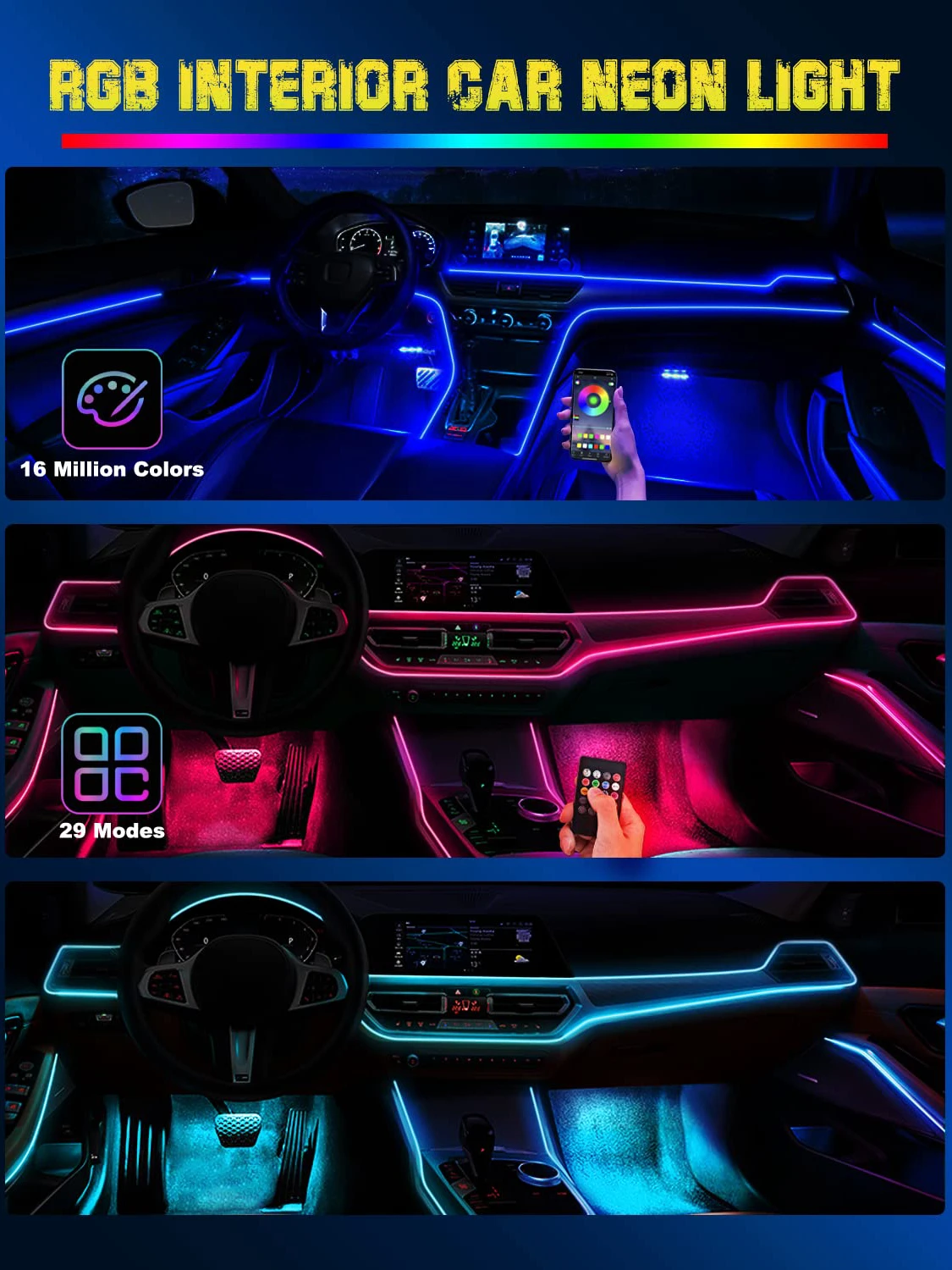 Zestaw oświetlenia LED RGB do wnętrza samochodu, światłowodowe listwy ambientowe, neonowe oświetlenie, sterowanie aplikacją, zdalne sterowanie, dekoracyjne lampy atmosferyczne do auta. — 2