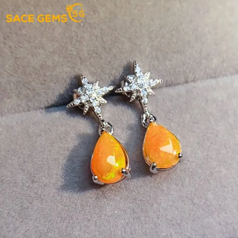 

SACE GEMS Fashion Drop Earrings for Women 925 Sterling Silver 6*8MM Natural Opal Stud Earrings Wedding Party Fine Jewelry Gift