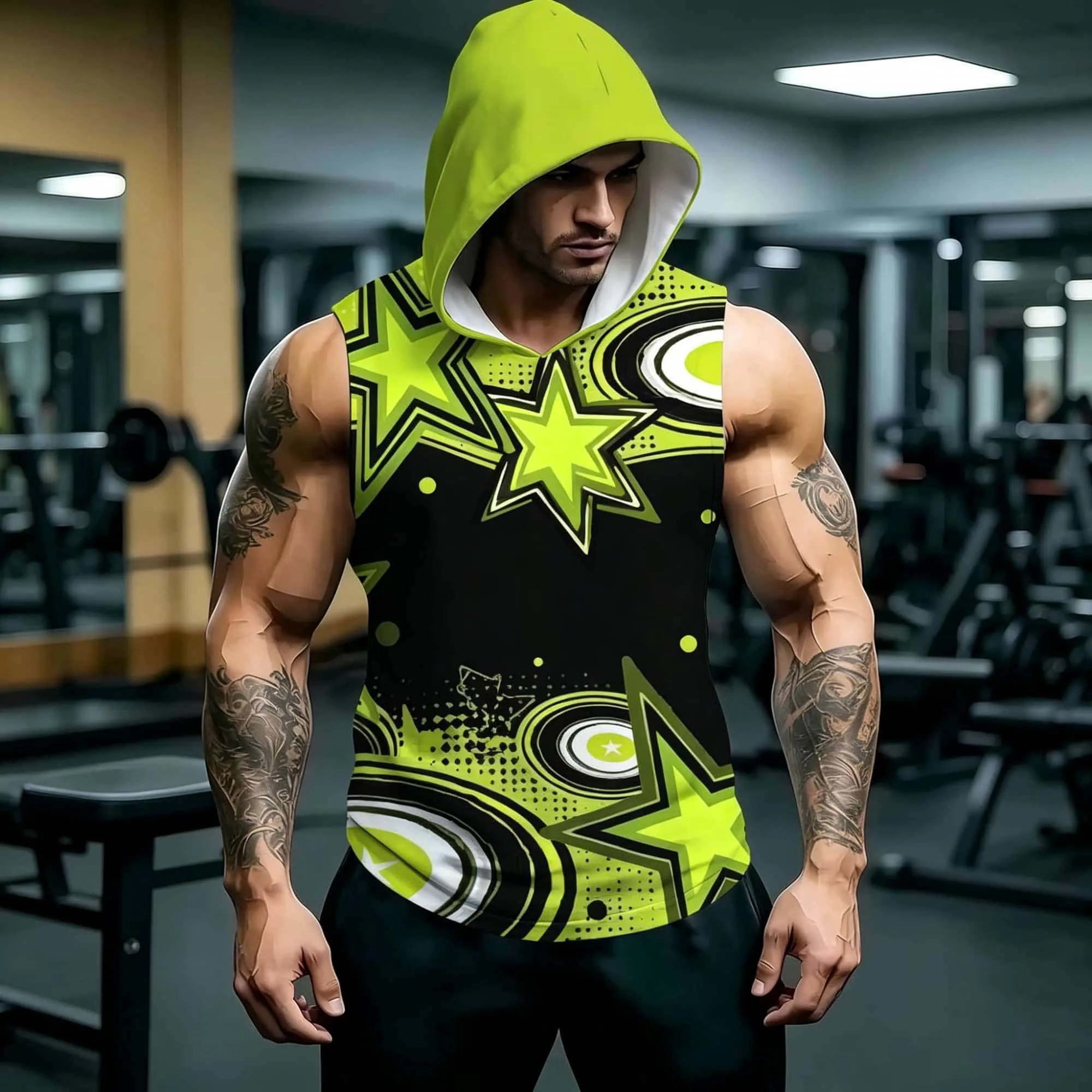 2026 Neues Herren Ärmelloses Hoodie-Oberteil mit Sternenmuster, Atmungsaktives Elastisches Fitness-Singlet, Lässiges Streetwear-Workout-Tanktop