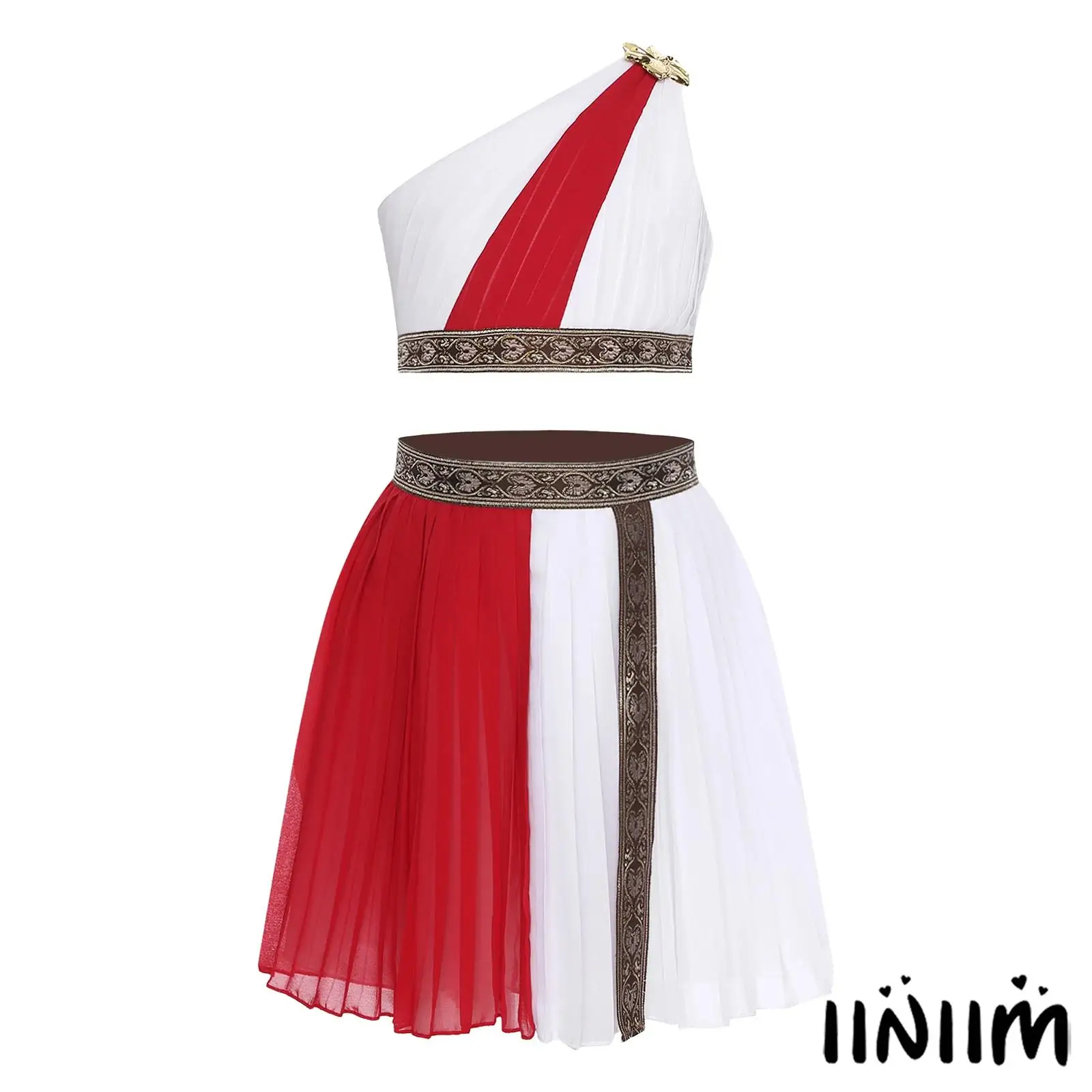 

Elegant Greek Queen Costume for Girls One Shoulder Crop Top with Metal Flower And Pleated Skirt for Halloween Masquerade Ball