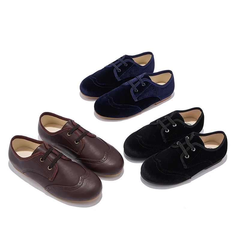 W-AP8-003 Dress Shoes For Kids Brown Leather Black Velvet Decorative Laces Classic Design Shoes New Winter