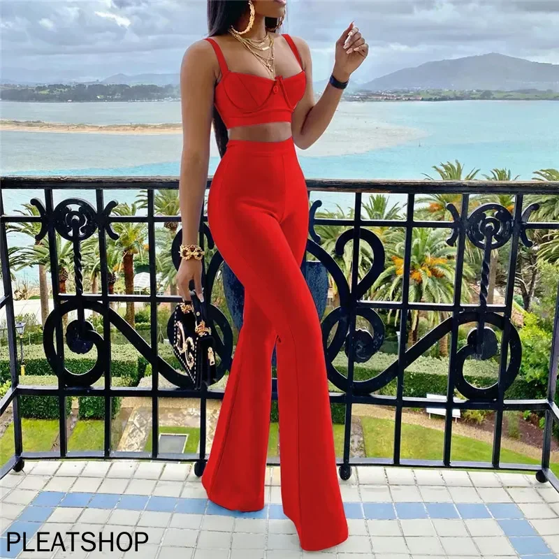 

Summer New Women's Fashion Sexy Bandage Two-piece Set Sleeveless Tight Short Top & High Waist Flared Trousers Pants Set