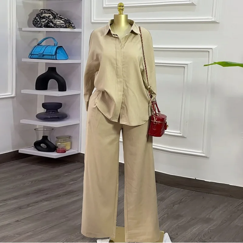 

New solid color lapel collar long-sleeved shirt high waist trousers casual fashion suit fashionable simple versatile temperament