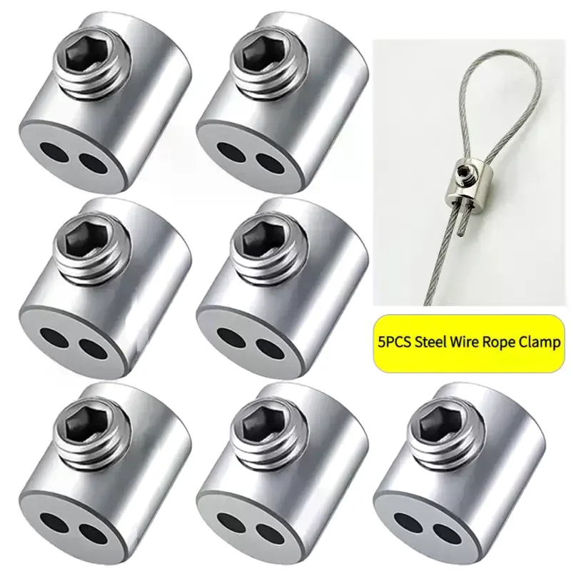 5PCS Steel Wire Rope Clamp Stainless Steel Cable Hanging Clip Double Hole Adjustable Screws Fixed Hardware Accessories