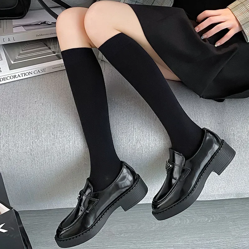 

Women Stockings College Style Knitted Cotton Knee Socks JK School Girls Solid Color Black White Gray Long Socks Stockings Women
