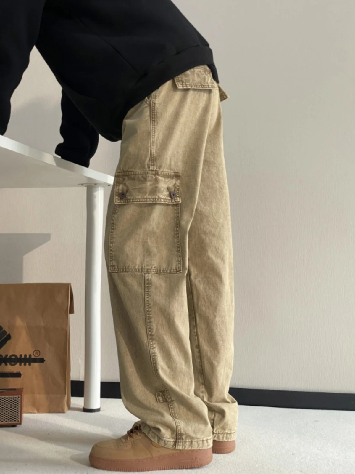 

Khaki Color Men's Baggy Workwear Pants Straight Leg Worn-In Denim American Design Casual Trousers Spring Summer Faion