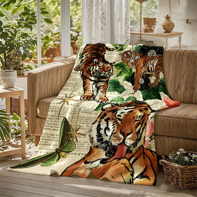 Tigers Vintage Collage Flannel Blanket Perfect for Sofa Office Bed Travel Sleep Read Relax Camping Four Season Use