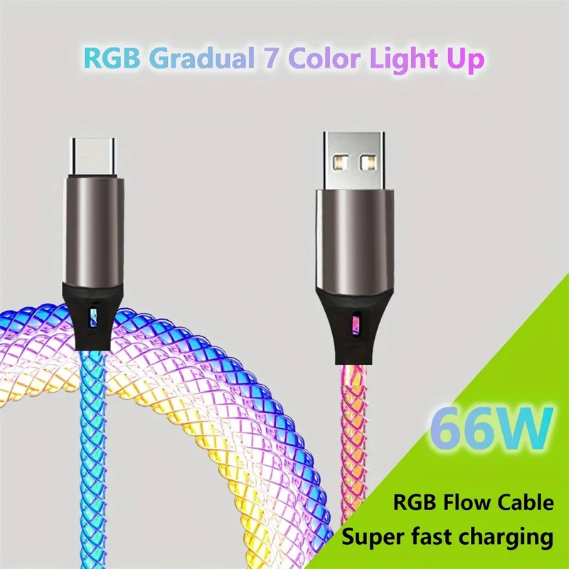 RGB 66W 6A Fast Charging USB Type C Cable Colorful Streamer Glowing Line for Iphone Samsung Xiaomi Redimi Huawei Charger Cable