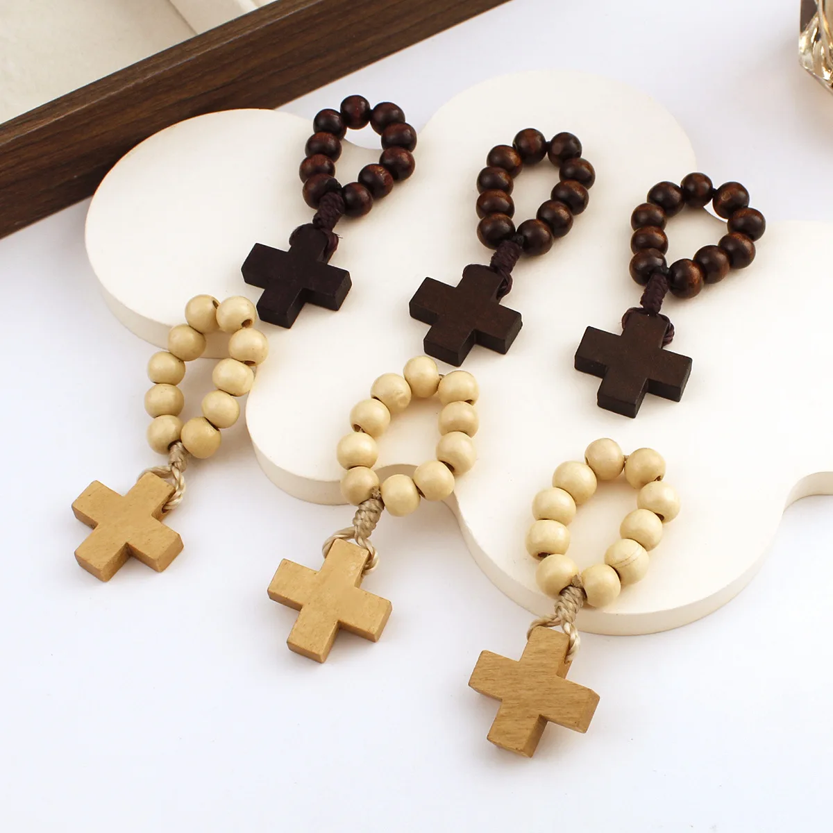 Natural Wood Bead Cross Finger Bracelet Catholic Rosary Prayer Communion Baptism Party Accessories Dropshipping