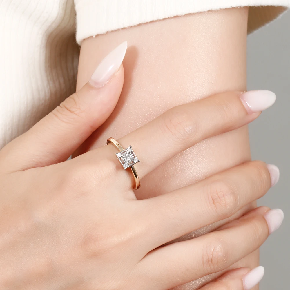 Mini-Quadrat-Ohrringe und Ring-Set, kupferbeschichtet, 14K Gold, modischer Schmuck, schlichte, funkelnde Diamant-Accessoires für den Alltag. – Detail 4