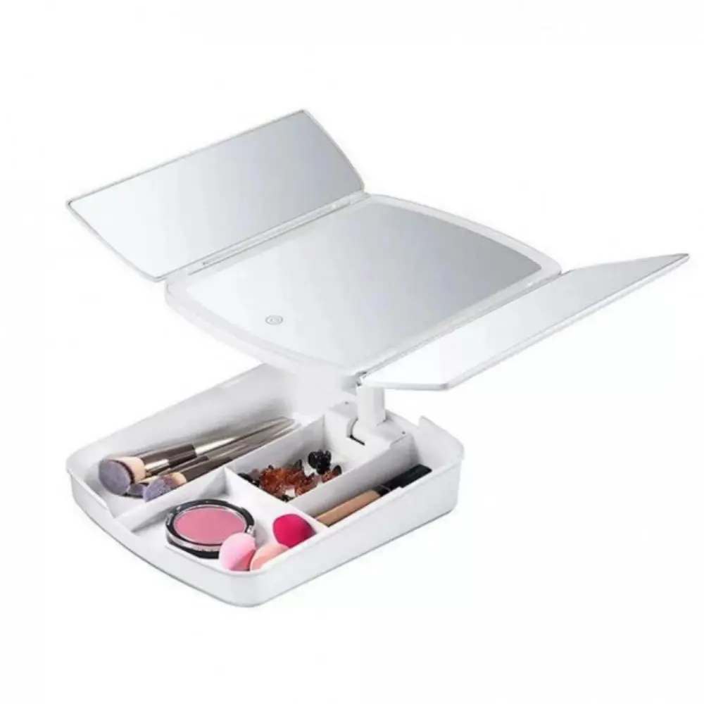 Tri-Fold Foldable Light-up Mirror with Storage Tray - 4 Compartments - 5X Magnifying - Perfect for Travel and Storage