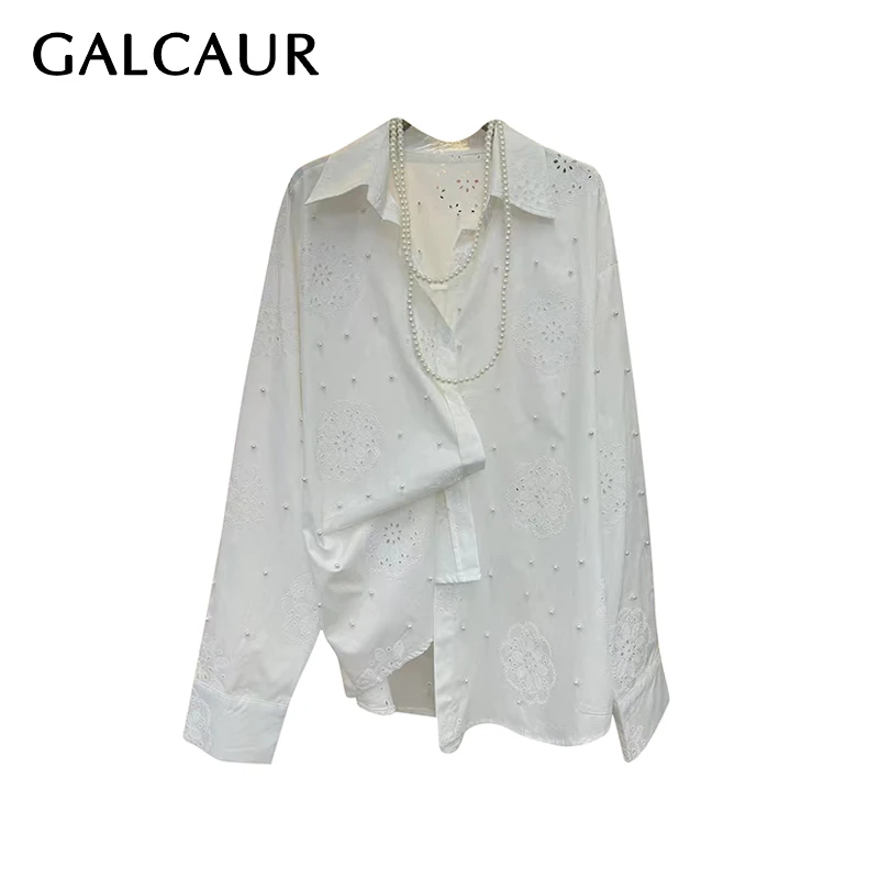 

GALCAUR Solid Loose Spliced Pearl Fashion Blouse for Women Lapel Long Sleeves Patchwork Hollow Out Elegant Top Female Clothing